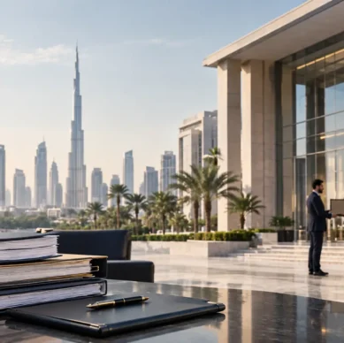 Illustration for Ahmad Abdulla Ahli Dubai Real Estate Court history, showing a Dubai courthouse and property case files.